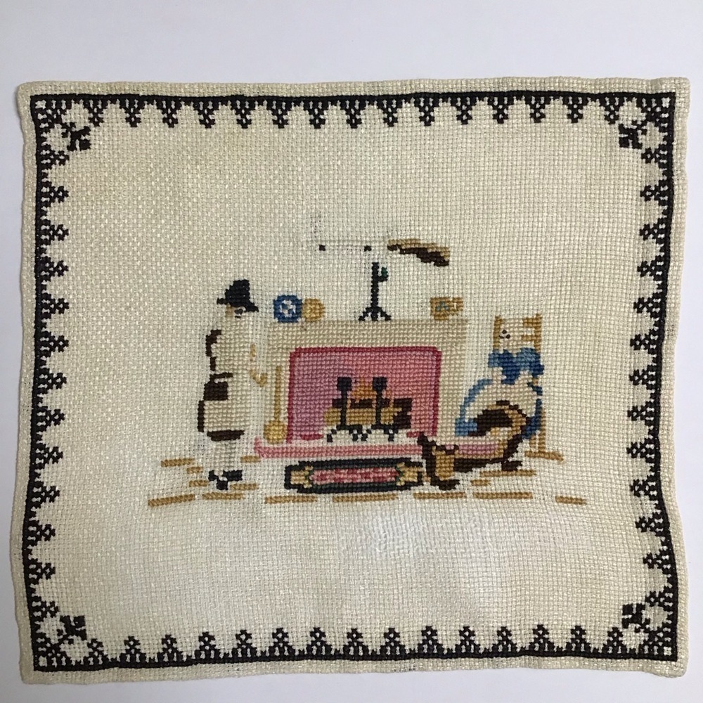 Americana Cross Stitch Sampler Colonial Pilgrim Doily Art Complete 11x12 Vintage